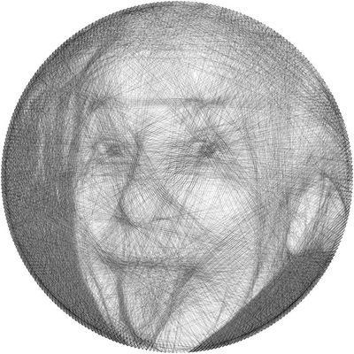 String art portrait of Albert Einstein sticking out his tongue, drawn with 5,000 straight black lines inside a circle